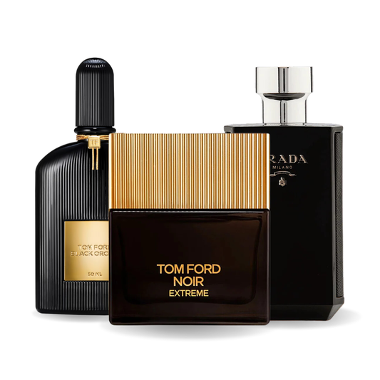 HELYETTESÍTŐ (NEM EREDETI REPLIKA) PARFÜM SZETT – EREDETI PARFÜMÖK ÁLTAL IHLETETT: BLACK ORCHID, NOIR EXTREME és PRADA INTENSE 100 ml.